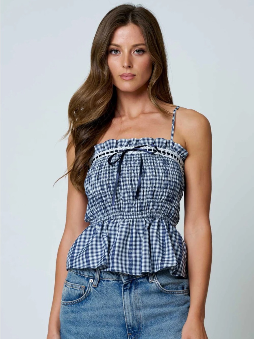 Navy Gingham Lace Trim Smocked Peplum Cami Top – Small